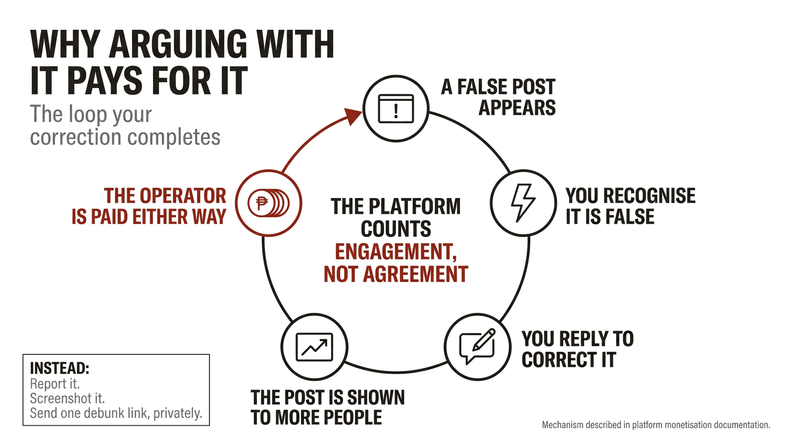 A circular loop diagram with five stages: a false post appears; you recognise it is false; you reply to correct it; the post is shown to more people; the operator is paid either way. An arrow returns from the last stage to the first. At the centre: the platform counts engagement, not agreement. A separate box reads: instead — report it, screenshot it, send one debunk link, privately.