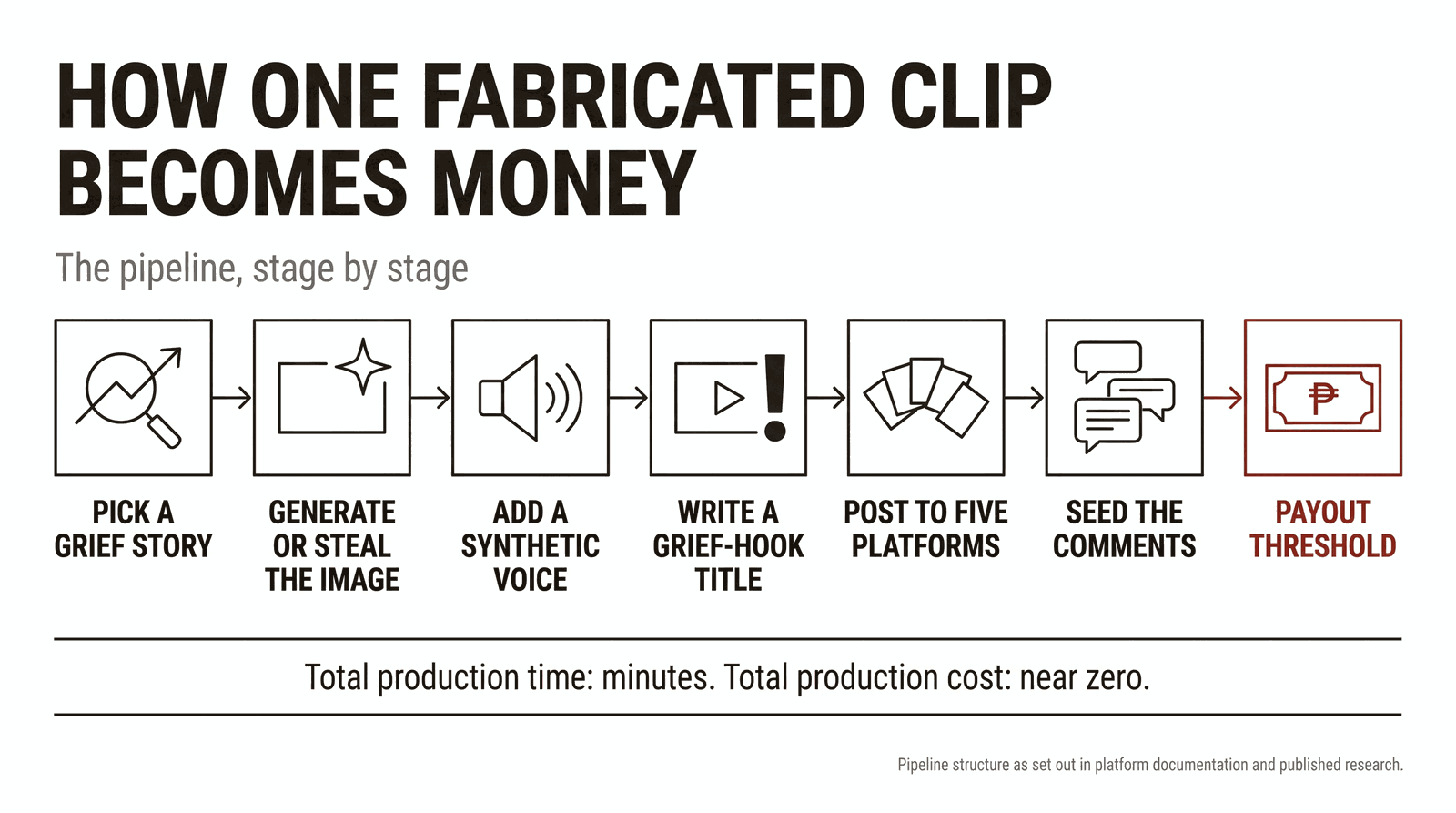 A seven-stage horizontal chain showing how a fabricated clip becomes money: pick a grief story; generate or steal the image; add a synthetic voice; write a grief-hook title; post to five platforms; seed the comments; payout threshold. A line beneath reads: total production time, minutes; total production cost, near zero.