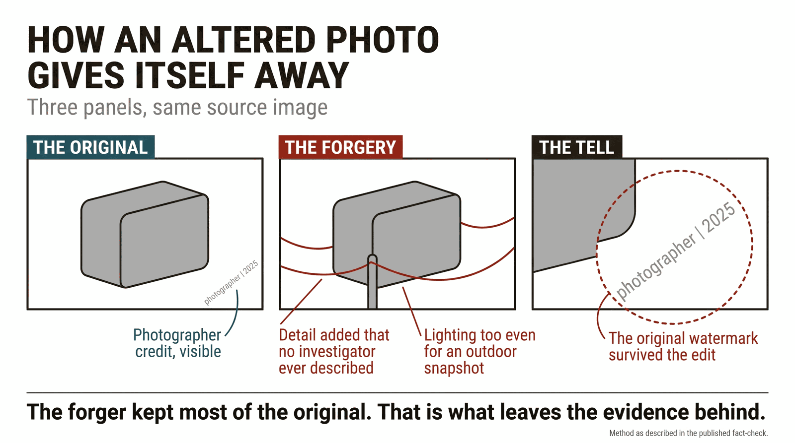 A three-panel technical diagram. The subject is shown only as a plain featureless grey block, with no face. Panel one, labelled The Original, shows a photographer credit watermark in the corner. Panel two, labelled The Forgery, shows rope lines added around the block, annotated with two notes: detail added that no investigator ever described, and lighting too even for an outdoor snapshot. Panel three, labelled The Tell, is a zoomed crop circling the same watermark still bleeding through the edit. A closing line reads: the forger kept most of the original, and that is what leaves the evidence behind.